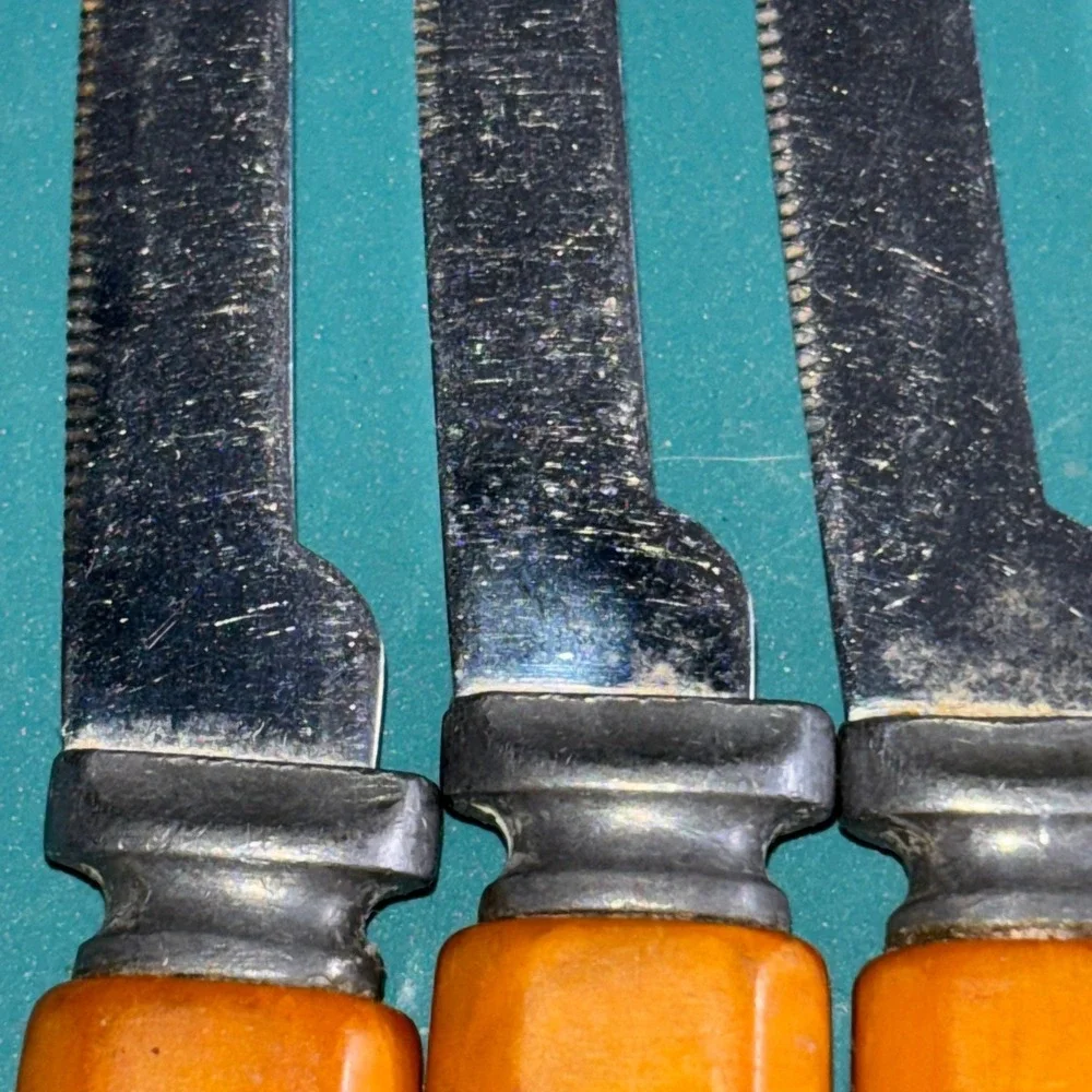 Vintage Henry's Stainless Steel Steak Knives Set Amber Bakelite Handles Set of 5